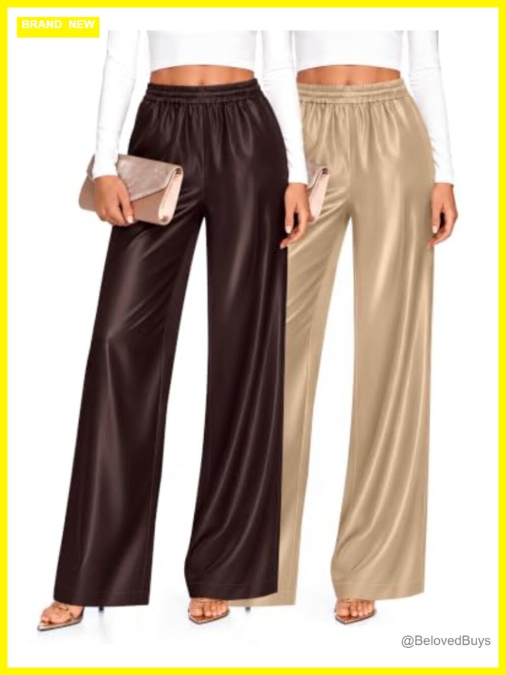 Satin Wide Leg Pants 2 Pack High Waist Elastic Pull On Flowy Dressy